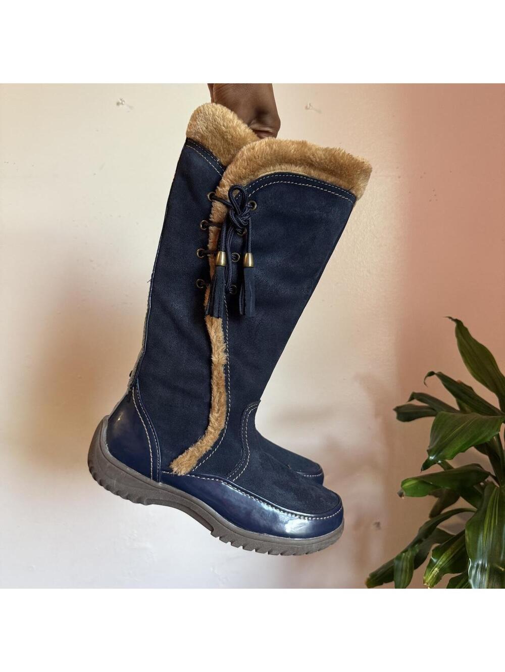 Y2K Sporto Navy Suede Fur Trim Knee High Boots Side Winder US 8